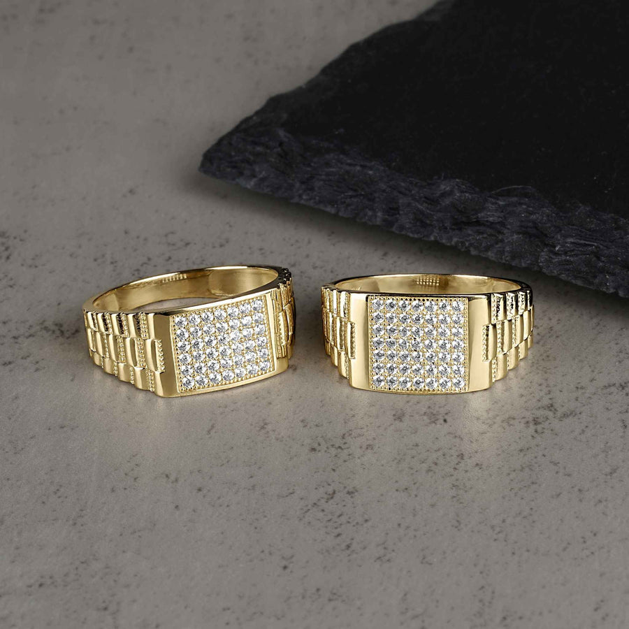 Two sizes of the 10k & 14k Circa Rectangle Rollie Ring displayed side-by-side.