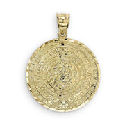 Yellow gold classic Aztec Sun calendar pendant charm with diamond-cut edging.