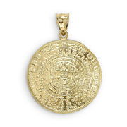 Back view of yellow gold classic Aztec Sun calendar pendant charm showing smooth texture and hollow bail.
