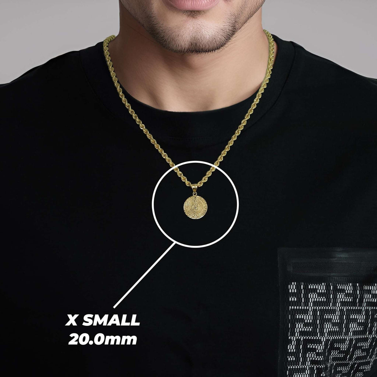 X Small gold Aztec Sun calendar pendant necklace modeled with circle overlay and 20.0mm dimension label.