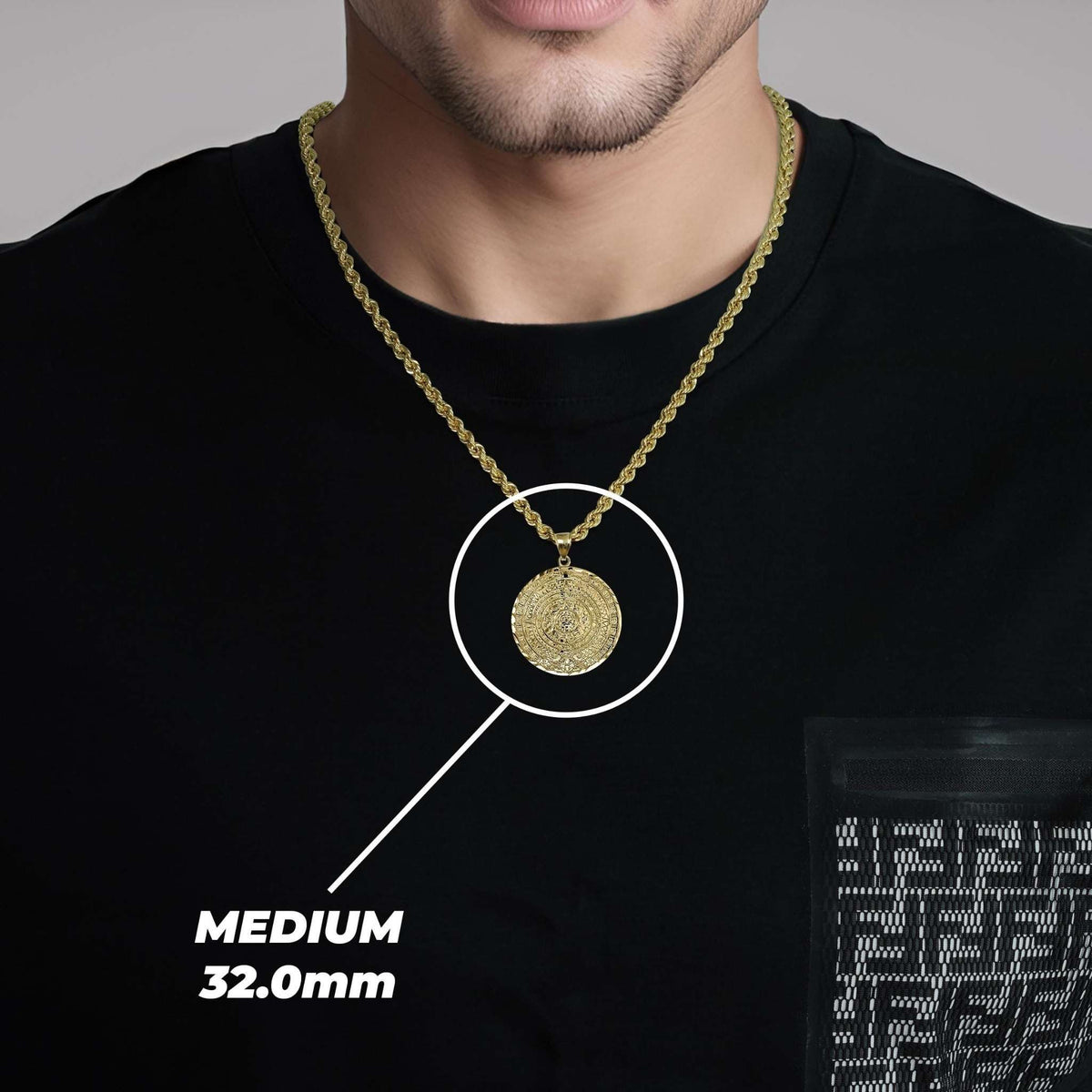 Medium gold Aztec Sun calendar pendant necklace modeled with circle overlay and 32.0mm dimension label.