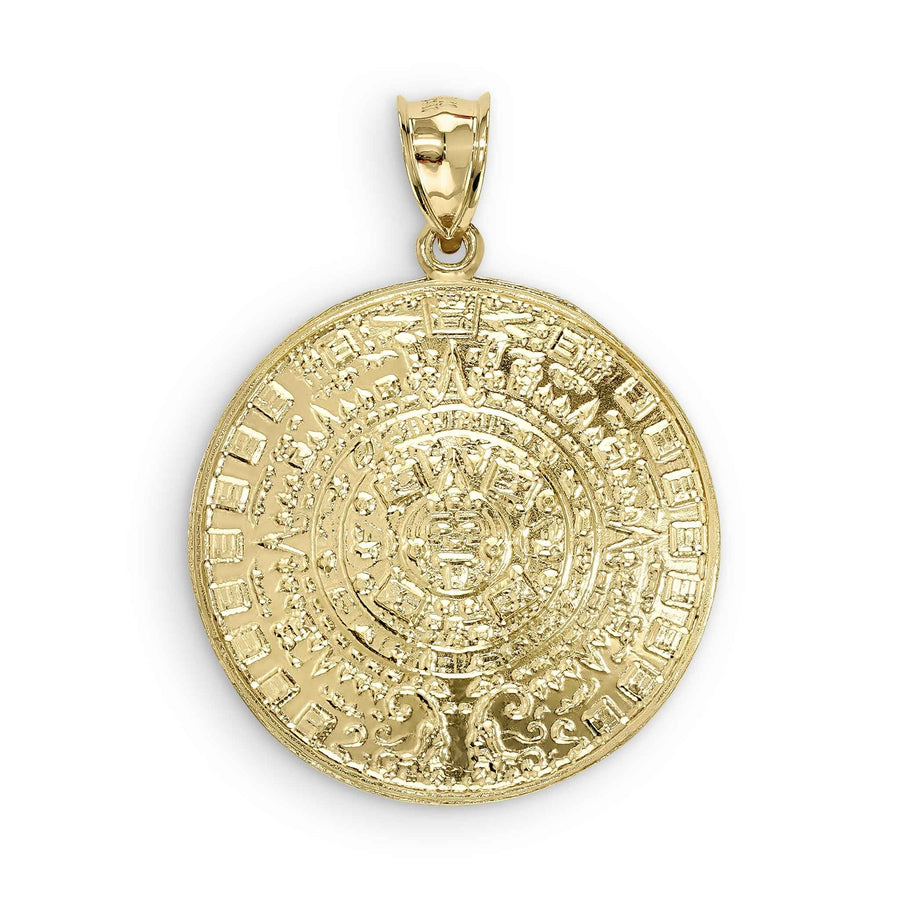 Detailed front view of the gold Aztec calendar pendant highlighting intricate engravings and bail.