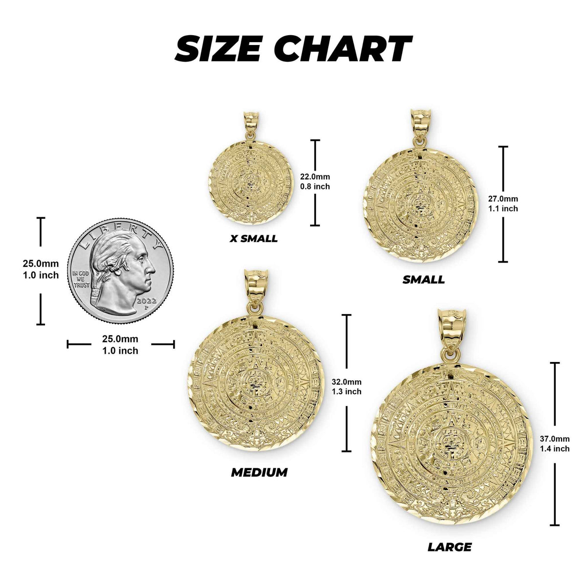Size chart graphic displaying four gold pendant sizes with dimensions and a quarter coin.