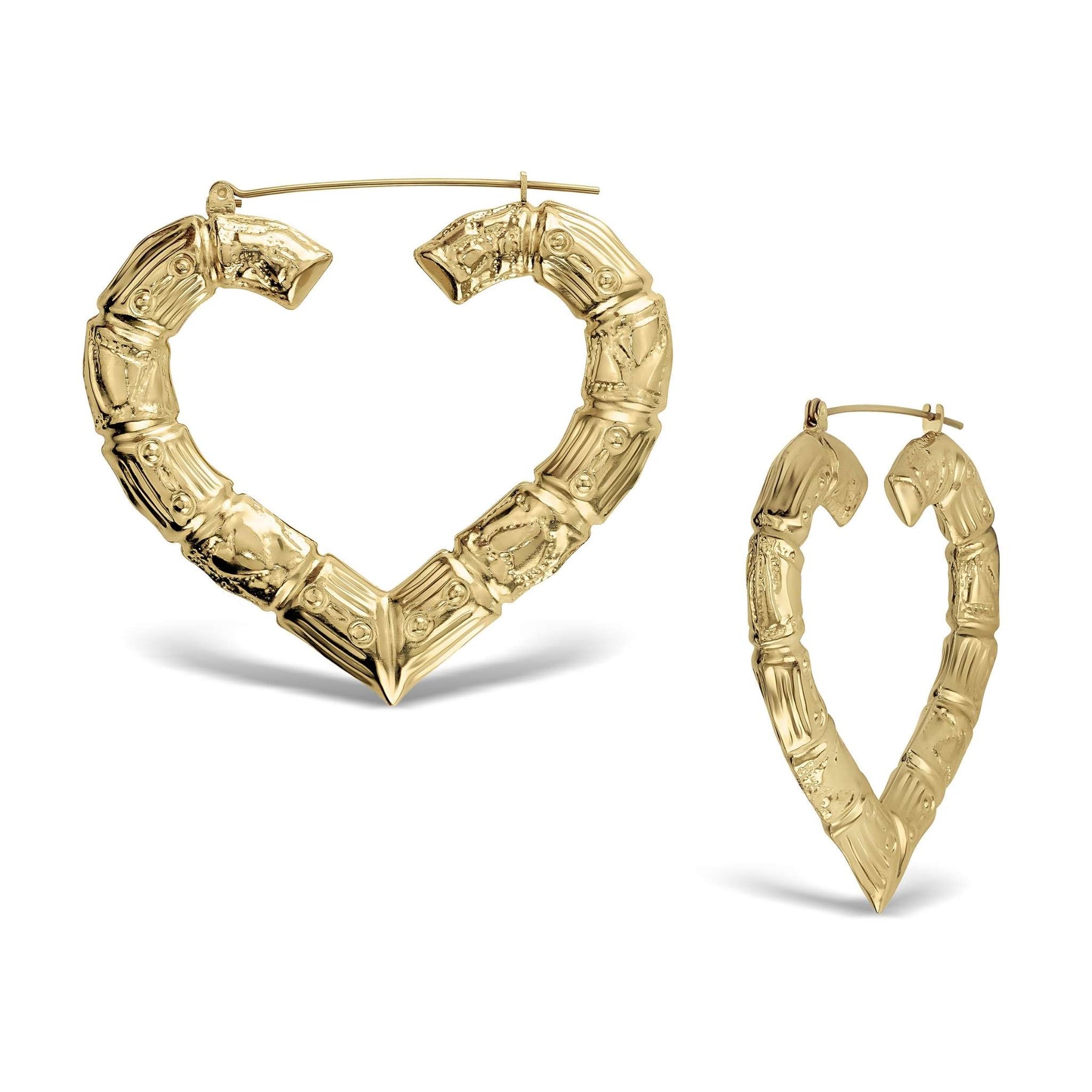 Two different sizes of yellow gold bamboo-design heart hoop earrings on a white background.