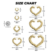 Size comparison chart for seven sizes of bamboo-style gold heart hoop earrings with coin reference.