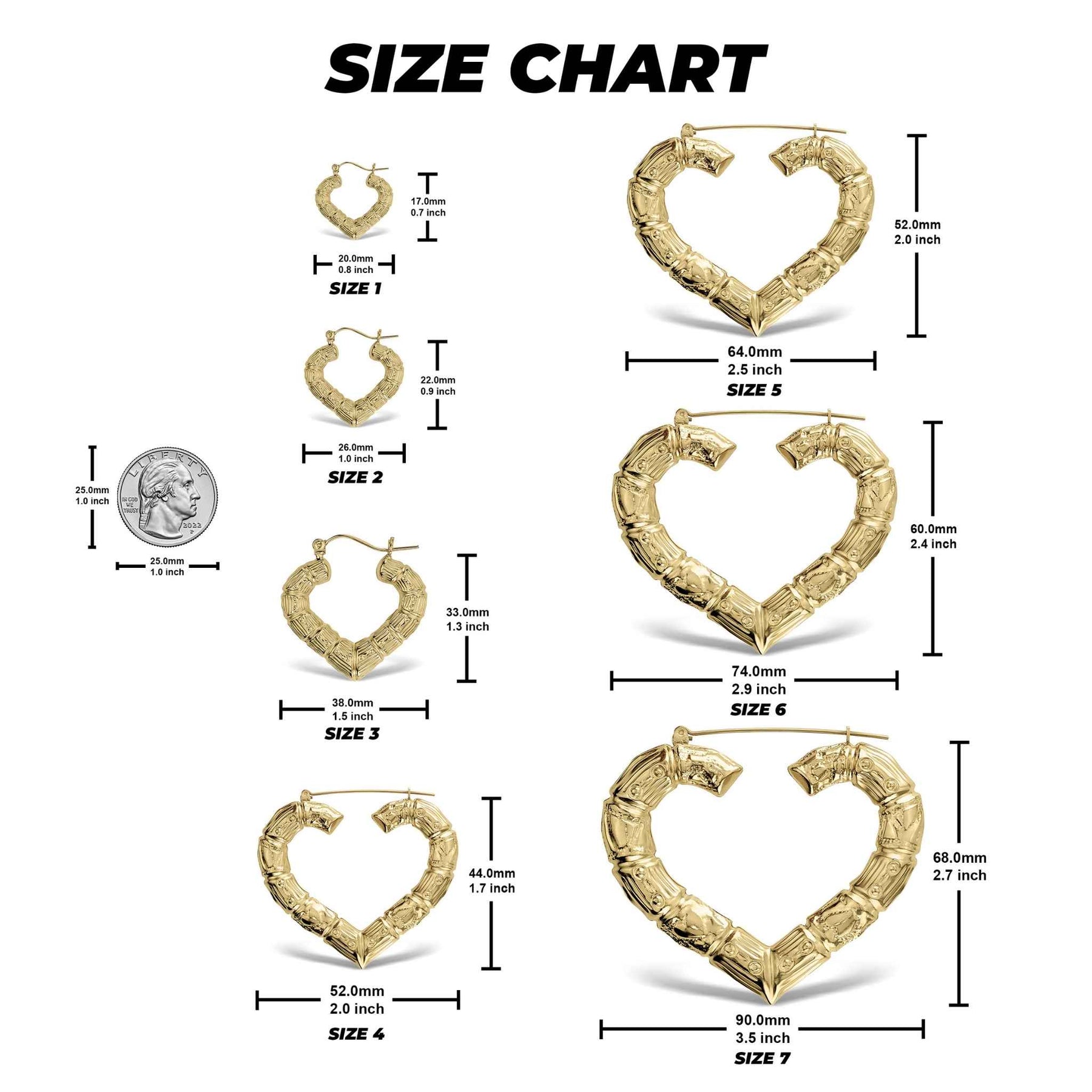Size comparison chart for seven sizes of bamboo-style gold heart hoop earrings with coin reference.