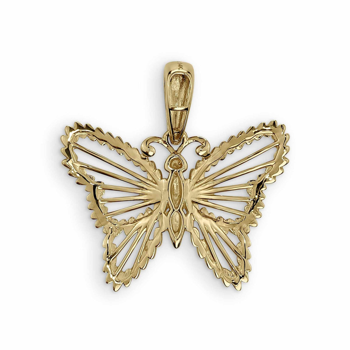 Back view of 10k & 14k gold classic butterfly pendant displaying textured reverse side.