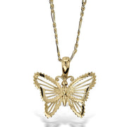 Angled front view of 10k & 14k gold classic butterfly pendant necklace.