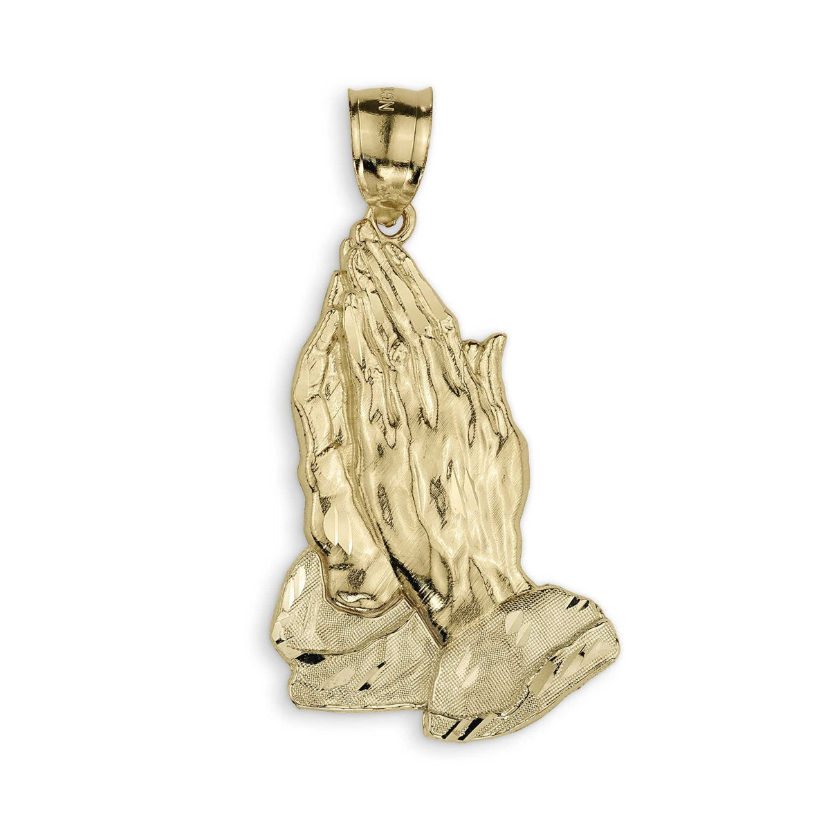 Yellow gold praying hands pendant with a textured finish on a white background.