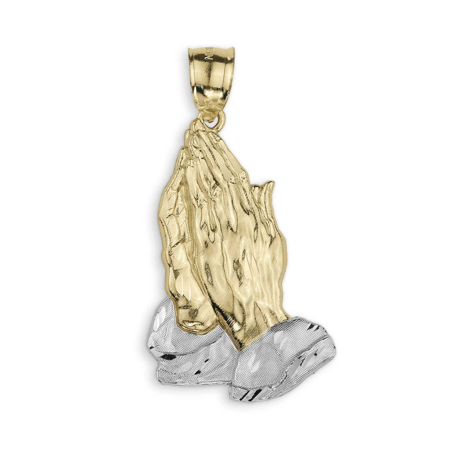 Two-tone gold praying hands pendant against a solid white background.