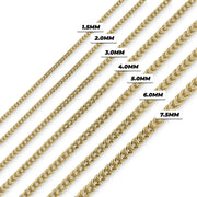 Seven yellow gold Franco link chains displayed diagonally with millimeter width labels.