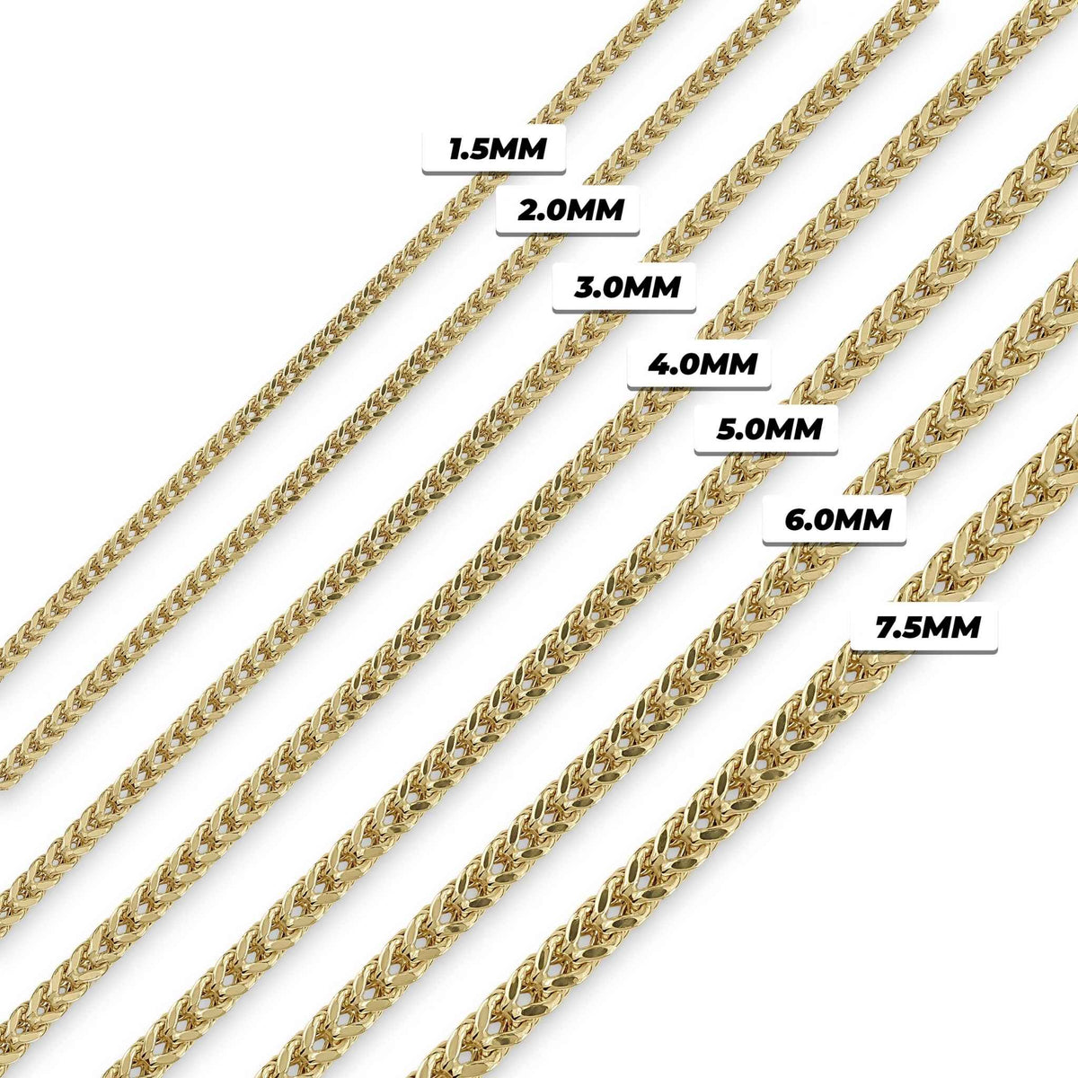 Seven yellow gold Franco link chains displayed diagonally with millimeter width labels.