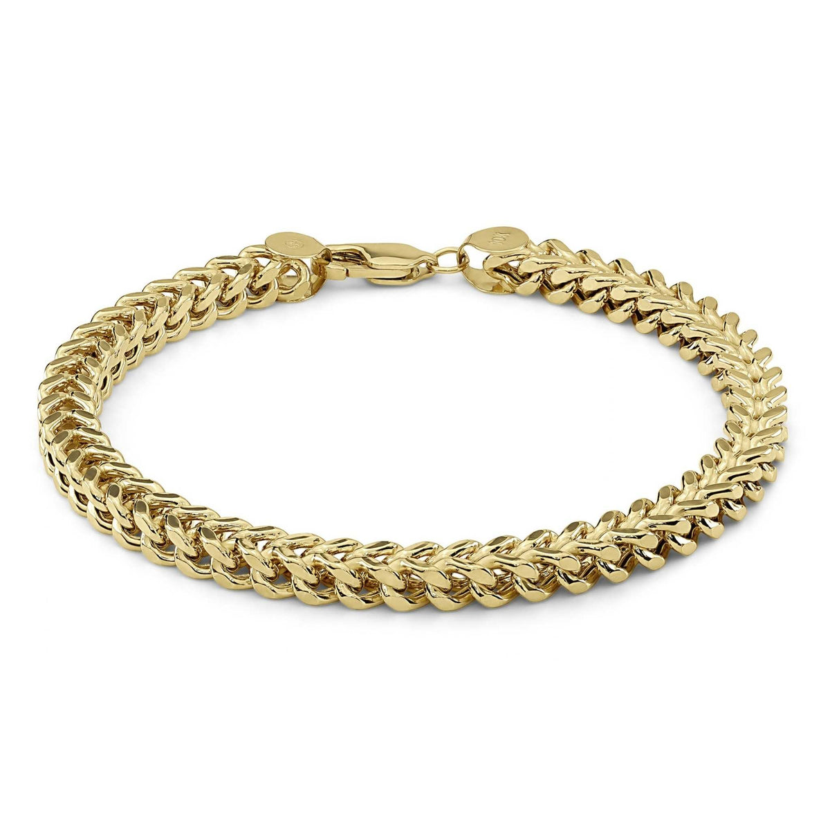 Yellow gold classic hollow Franco link bracelet formed in a circle on white background.