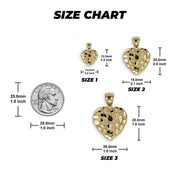 Size chart showing three gold heart nugget pendants with dimensions next to a quarter.