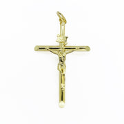 Front view of classic gold INRI Jesus crucifix cross charm centered on a white background.