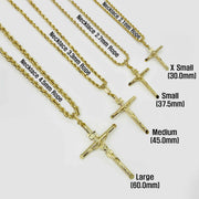 Four gold INRI crucifix pendant necklaces shown in sizes X Small to Large with rope chains.