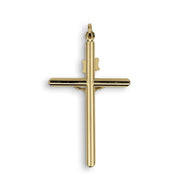Back view of a yellow gold INRI crucifix cross pendant on white background.