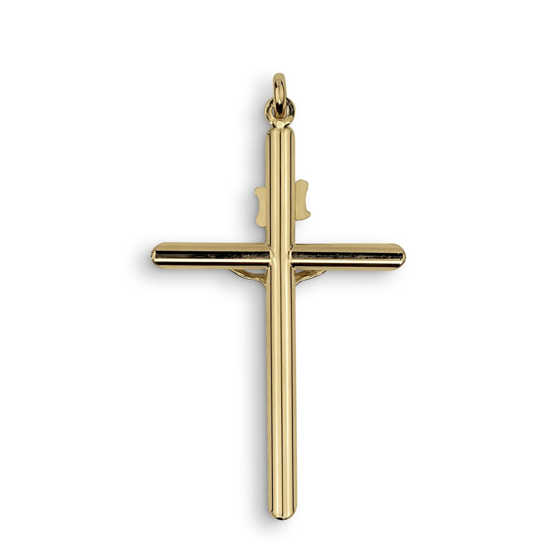 Back view of a yellow gold INRI crucifix cross pendant on white background.