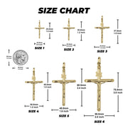 Size chart showing six gold INRI crucifix pendant sizes with measurements and coin comparison.
