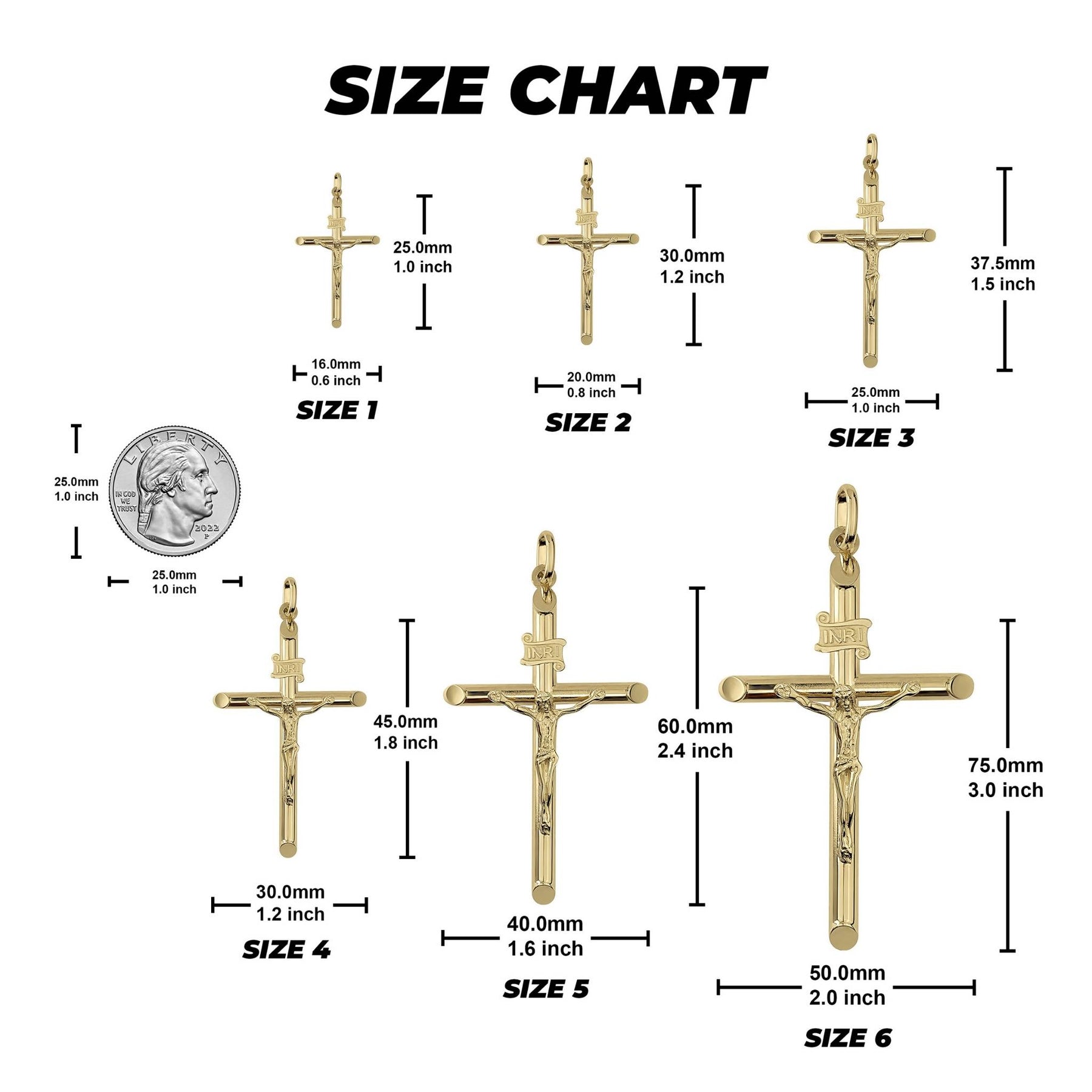 Size chart showing six gold INRI crucifix pendant sizes with measurements and coin comparison.