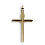 Back view of a two-tone gold INRI crucifix pendant on white background.