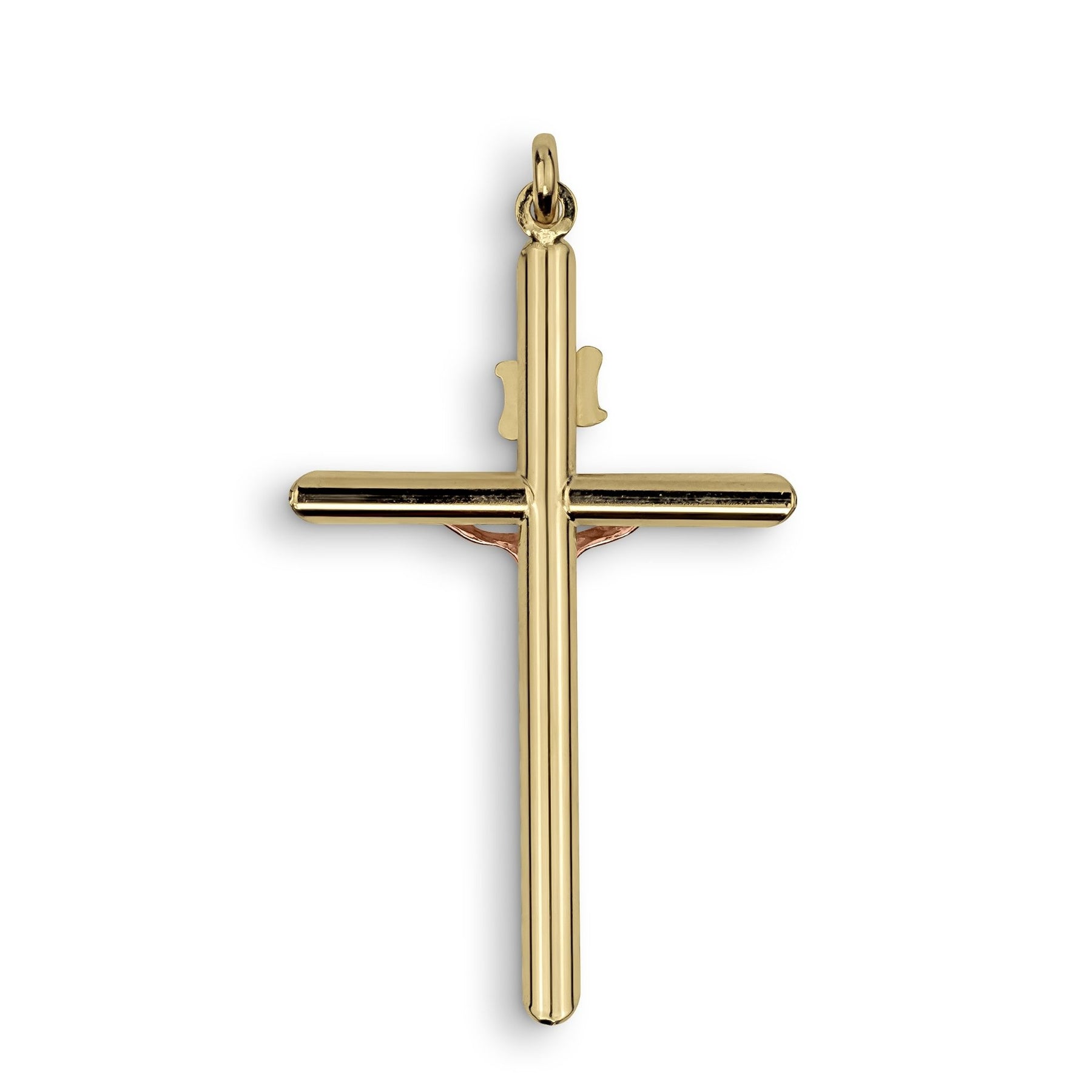 Back view of a two-tone gold INRI crucifix pendant on white background.