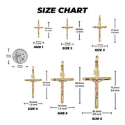 Size chart showing six two-tone gold INRI crucifix pendant sizes with coin comparison