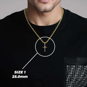 Man wearing a two-tone gold cross necklace with Size 1 25.0mm pendant highlighted.