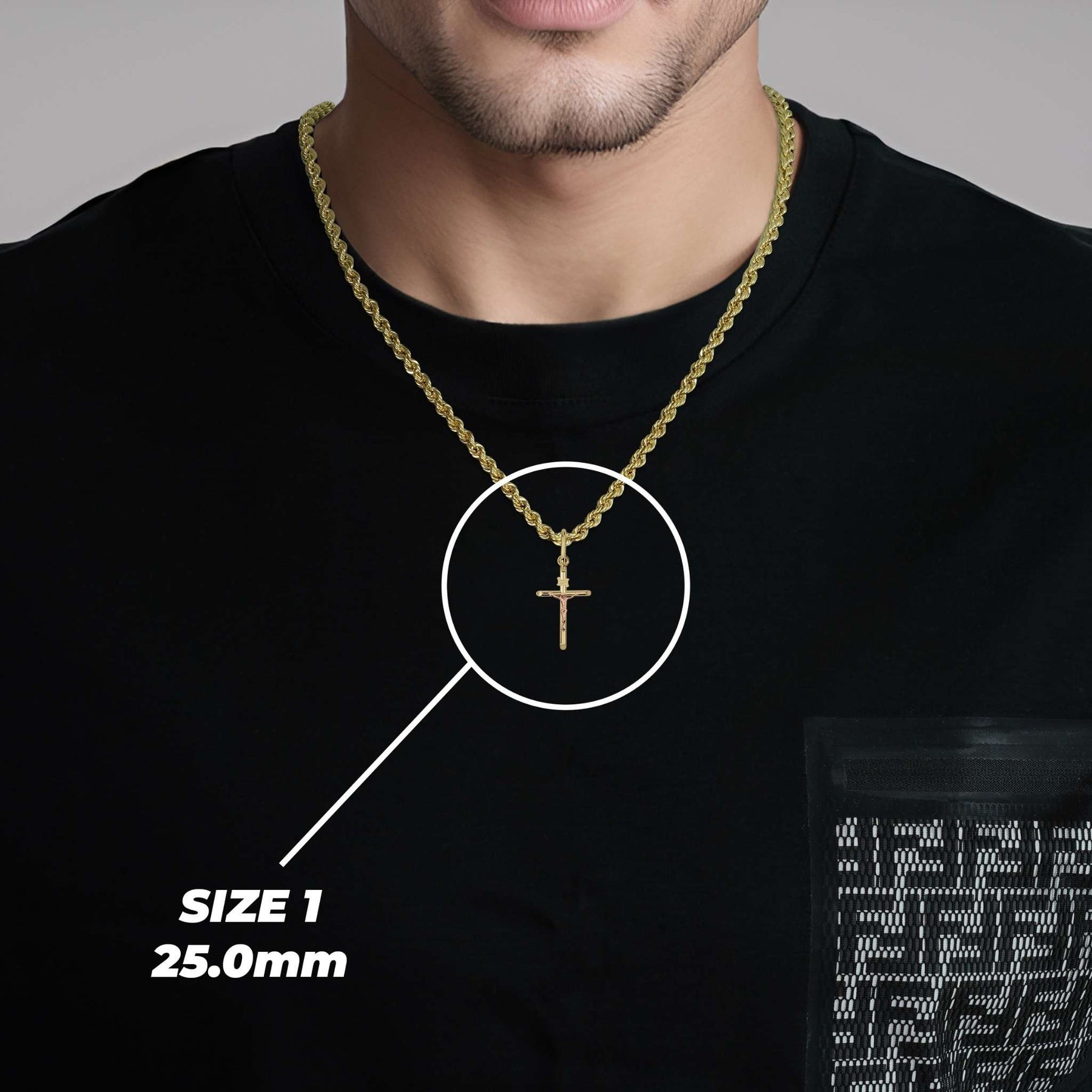 Man wearing a two-tone gold cross necklace with Size 1 25.0mm pendant highlighted.