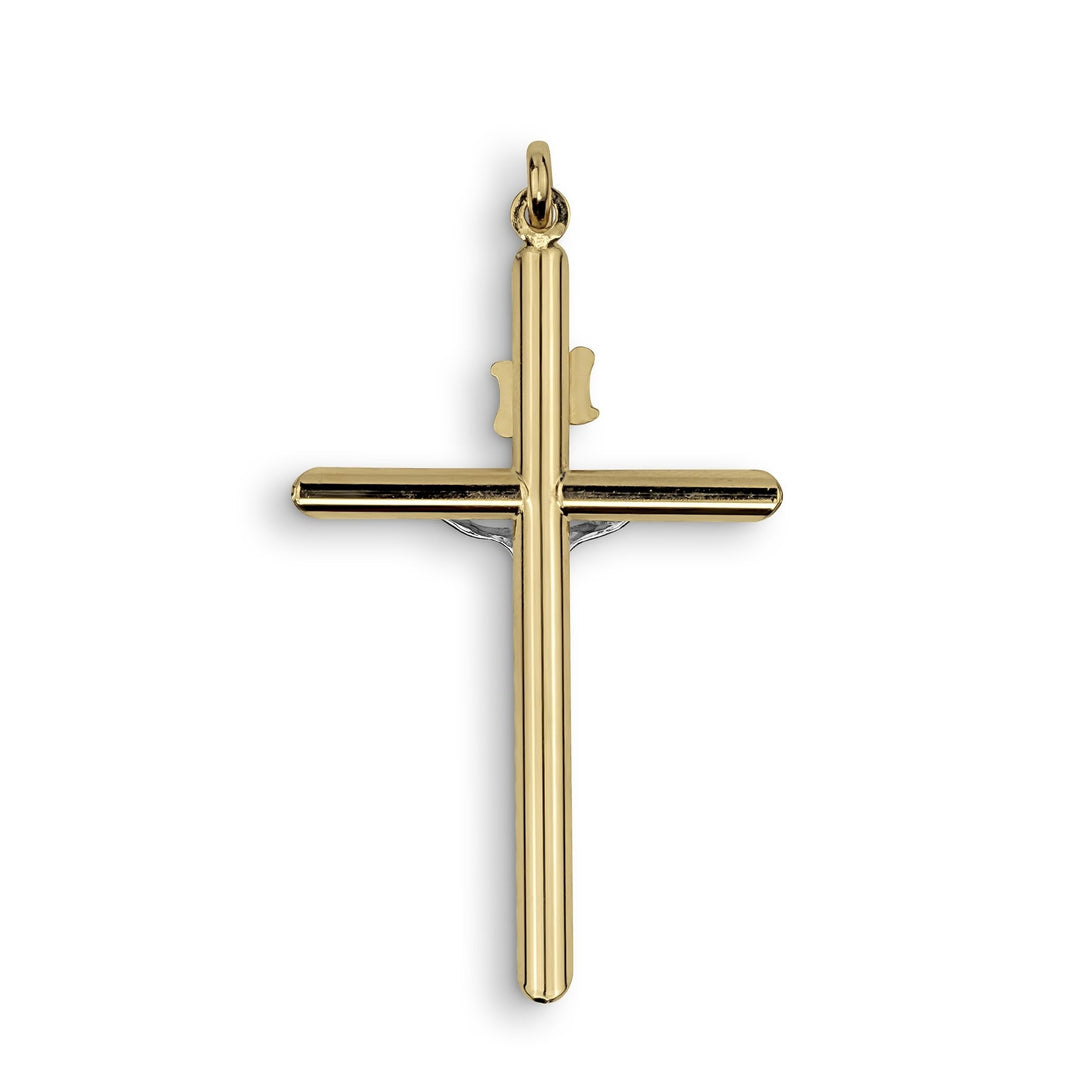 Polished two-tone gold tubular INRI crucifix pendant with a white gold Jesus figure.