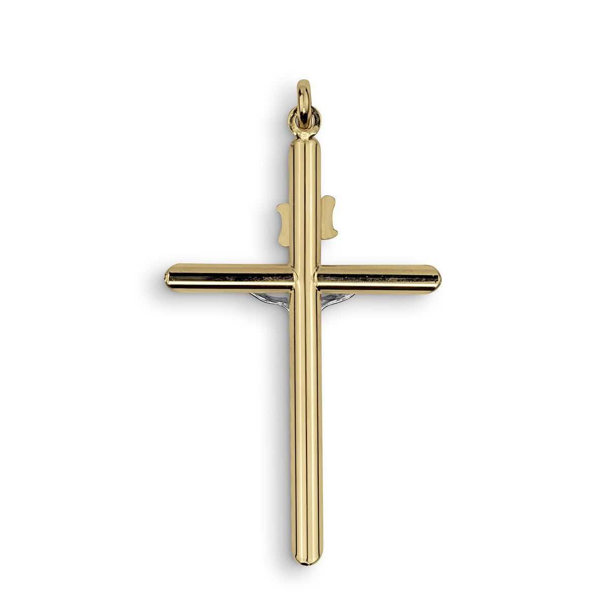 Polished two-tone gold tubular INRI crucifix pendant with a white gold Jesus figure.