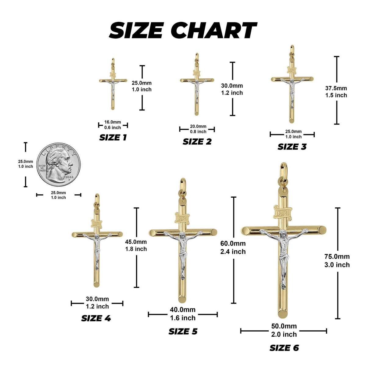 A gold and silver crucifix size chart displaying six cross pendants from Size 1 to Size 6 with measurements.