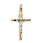 Polished two-tone gold tubular INRI crucifix pendant featuring a detailed white gold Jesus figure on a white background.
