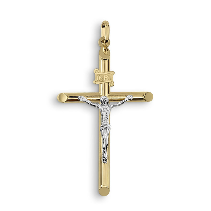 Polished two-tone gold tubular INRI crucifix pendant featuring a detailed white gold Jesus figure on a white background.