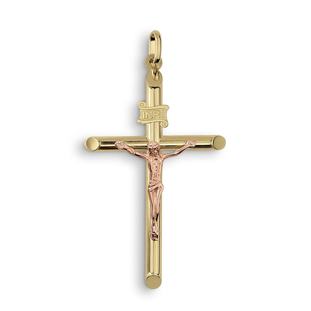 10k and 14k gold tubular INRI crucifix pendant designed with a contrasting rose gold corpus.