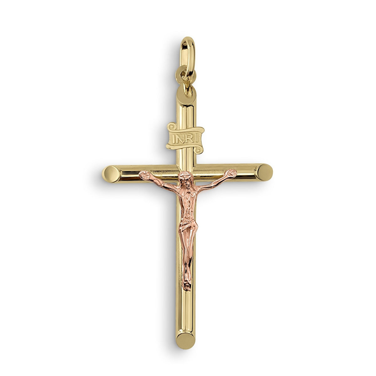 10k and 14k gold tubular INRI crucifix pendant designed with a contrasting rose gold corpus.