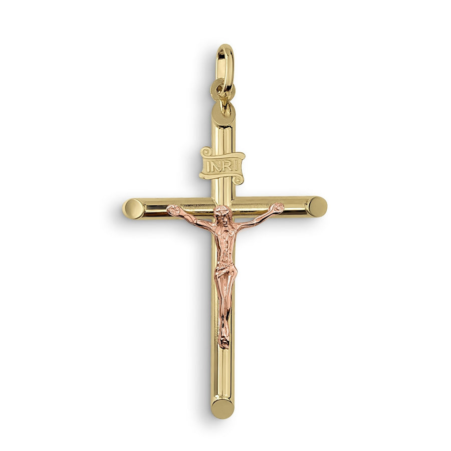 10k and 14k gold tubular INRI crucifix pendant designed with a contrasting rose gold corpus.