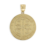 Back view of Style 1 round yellow gold Saint Benedict medal pendant isolated on white background.
