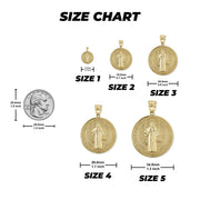 Size chart comparing five gold Saint Benedict medal pendants to a US quarter.
