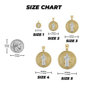 Size chart graphic displaying five two-tone gold Saint Benedict pendants with millimeter and inch measurements.