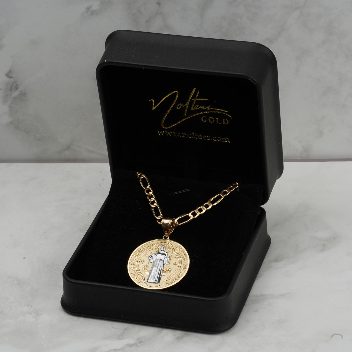 10k & 14k Gold Classic Saint Benedict Flat Round Pendant Necklace (Two-Tone)