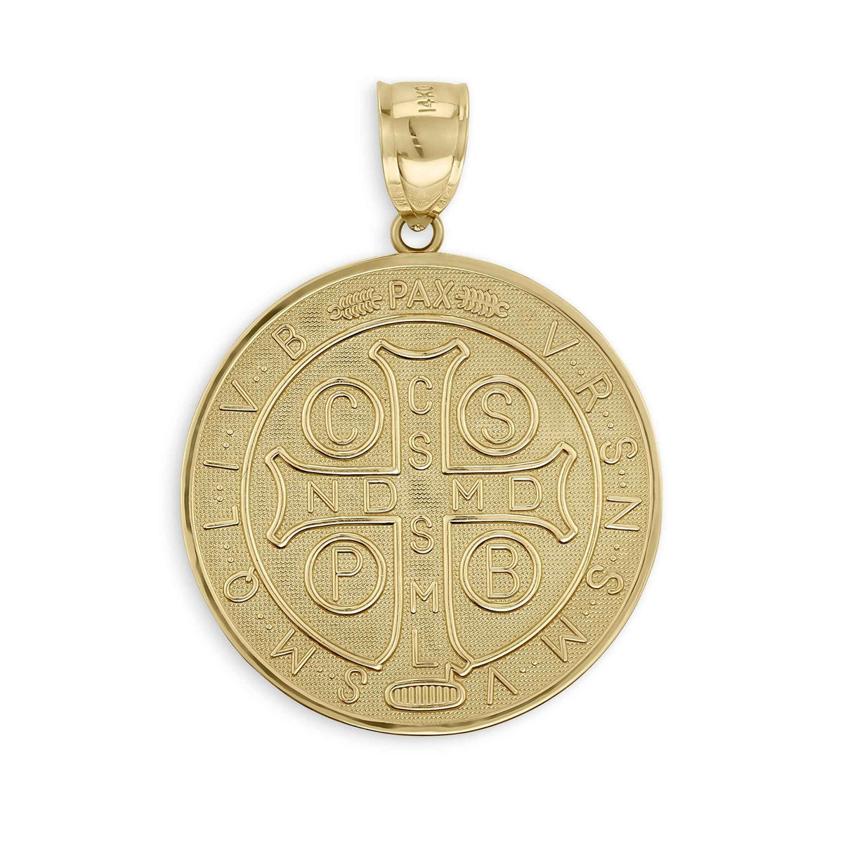 Close-up of a gold Saint Benedict medal pendant featuring intricate front engravings and bail.