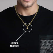 A man wearing a gold Saint Benedict pendant on a chain with text overlay reading SIZE 1 10.0mm.
