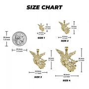 Size chart diagram showing four yellow gold Saint Michael pendant sizes compared to a coin.