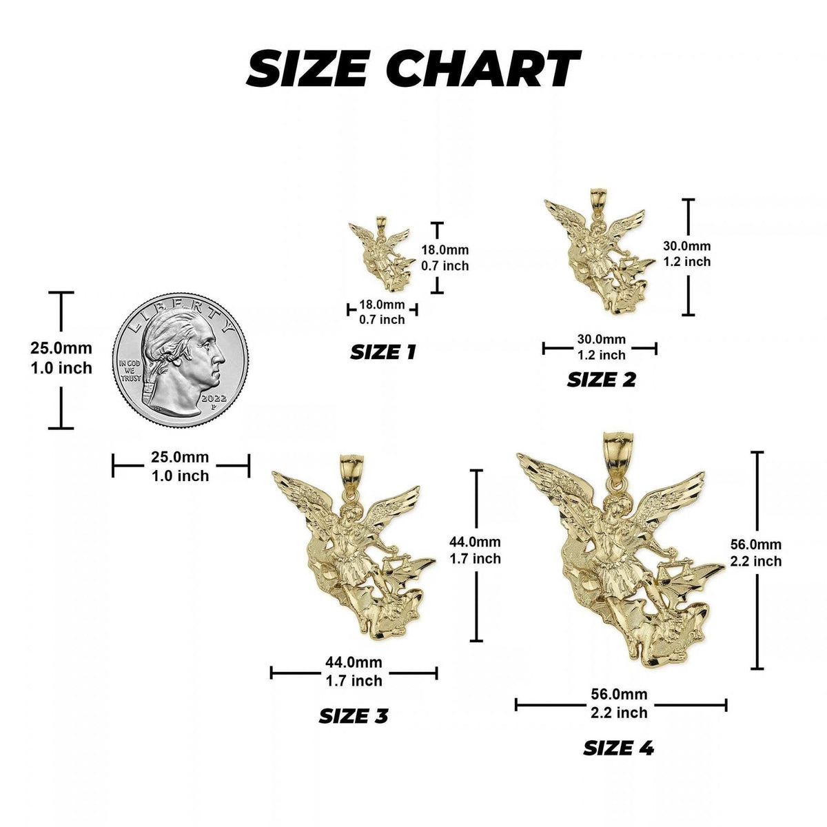 Size chart diagram showing four yellow gold Saint Michael pendant sizes compared to a coin.