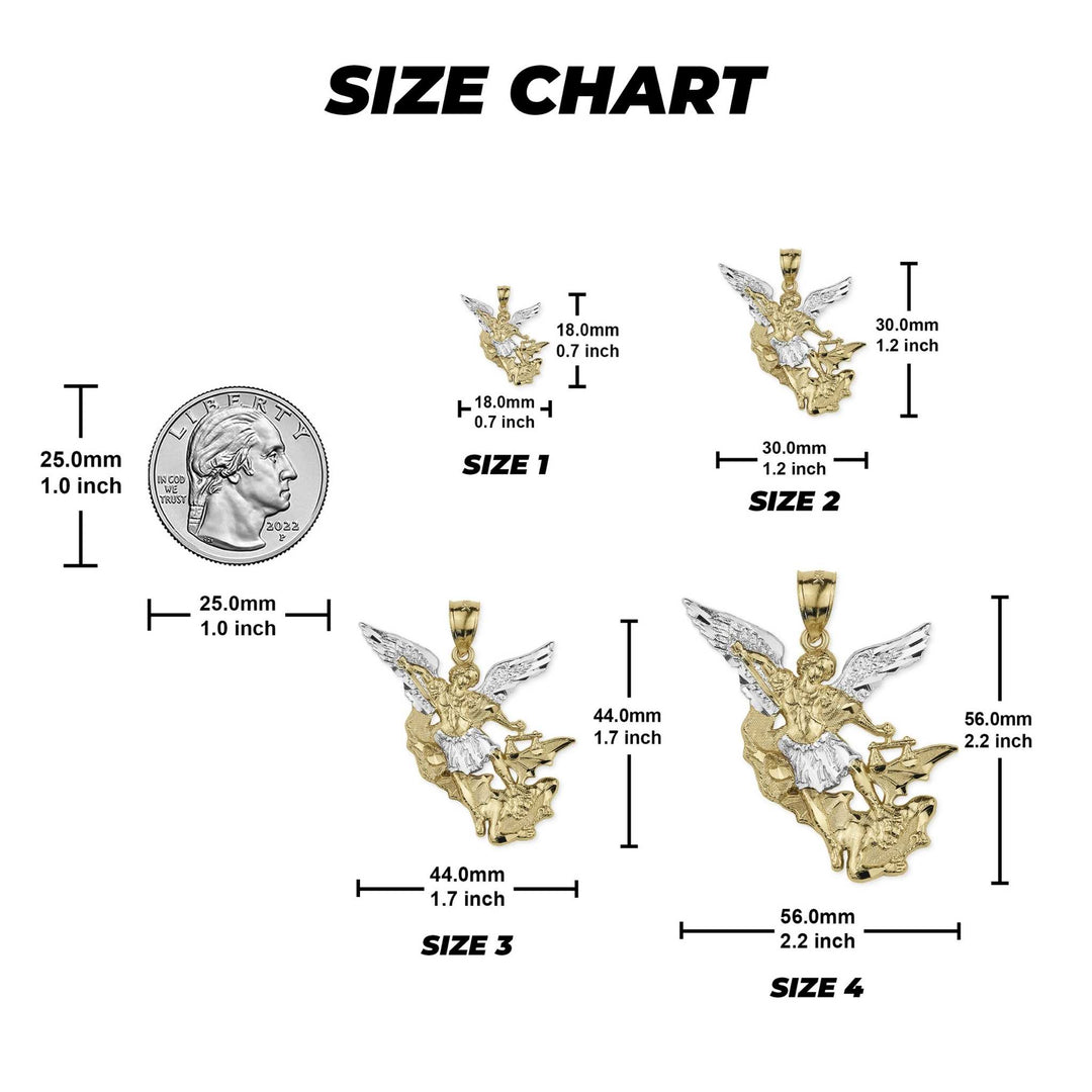 Size chart of four gold Saint Michael pendants compared to a quarter coin.