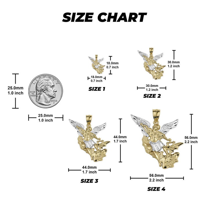 Size chart of four gold Saint Michael pendants compared to a quarter coin.