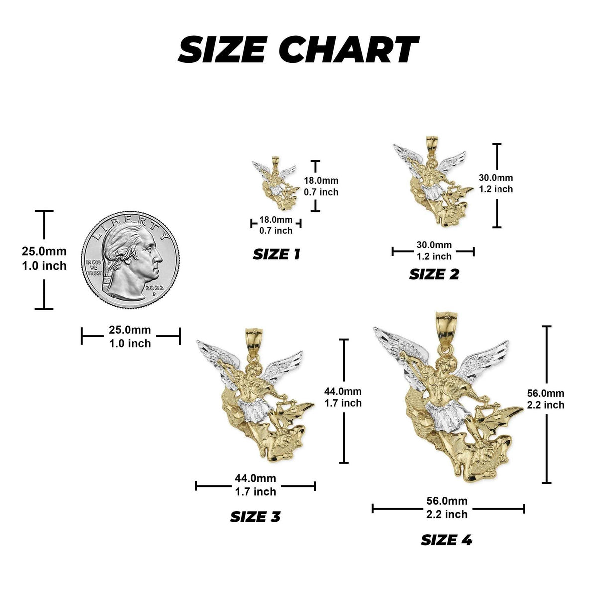 Size chart diagram showing four gold Saint Michael pendant sizes compared to a coin.