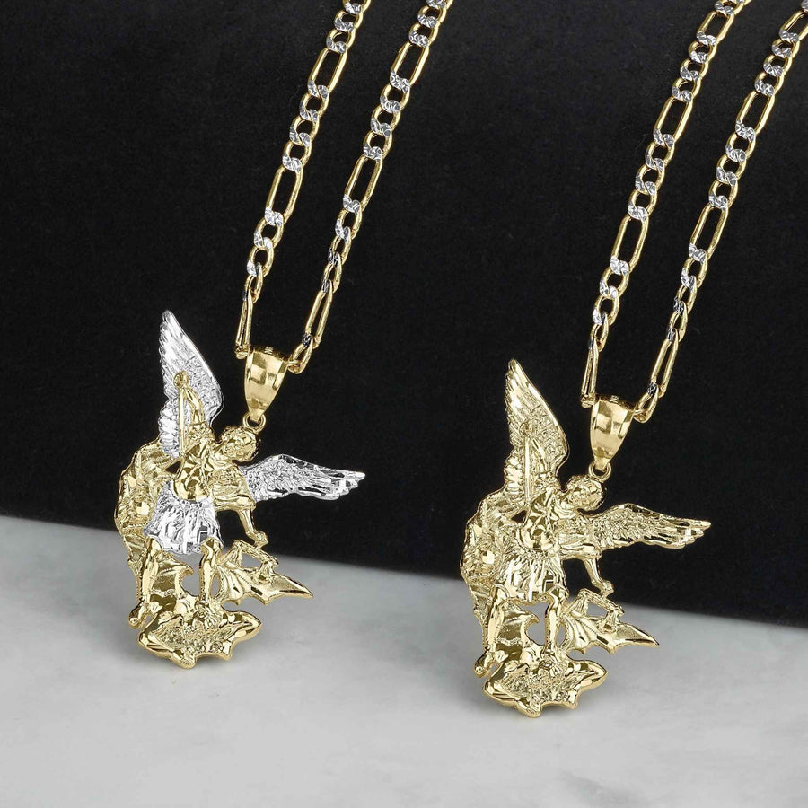 Two-tone gold Saint Michael pendant necklaces with diamond-cut wings on Figaro chains.