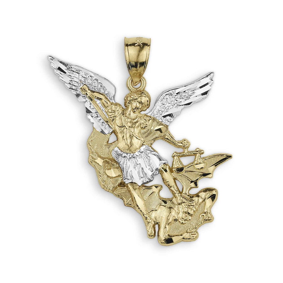 Two-tone gold Saint Michael pendant depicting an angel holding a sword over a demon.